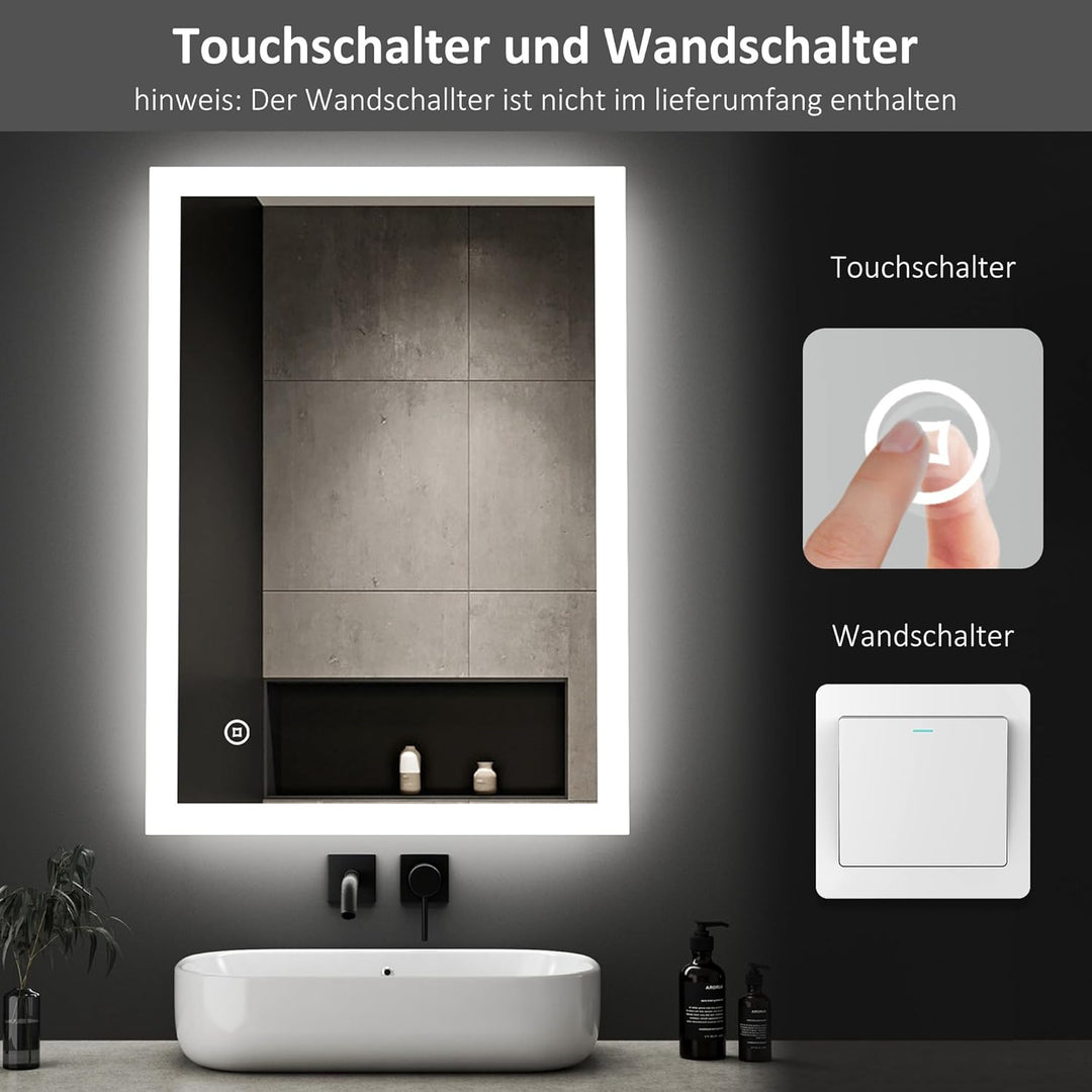 Boromal Badspiegel mit Beleuchtung 40x60cm Badezimmerspiegel Vertikal/Horizontal Wandspiegel 3 Licht