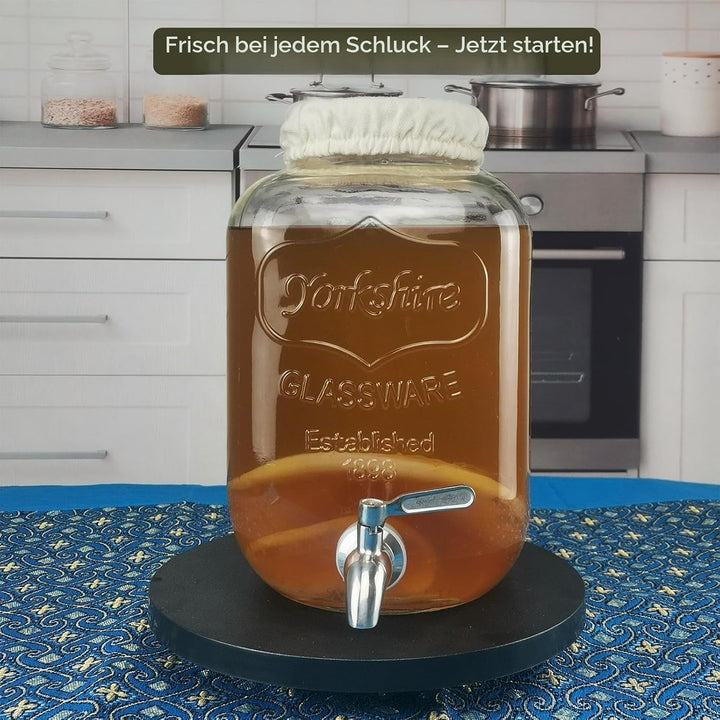Kombucha Brauset mit 5,0L Glasfermenter &amp; Hahn – Komplett-Set mit Edelstahl-Trichter, Tuch, Temperat