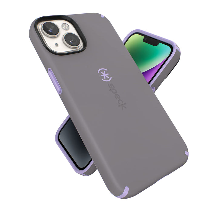 Speck Produkte CandyShell Pro iPhone 14 Hülle, kompatibel mit MagSafe, Cloudy Grey/Spring Purple Wol