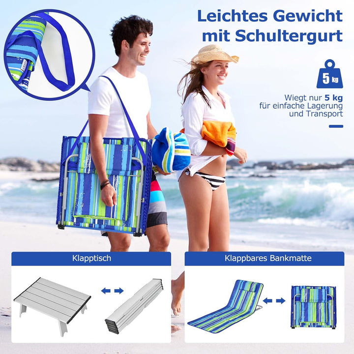COSTWAY 2er Set Strandmatte mit Beistelltisch, Kopfkissen & Staufach, Liegematte mit Verstellbarer R