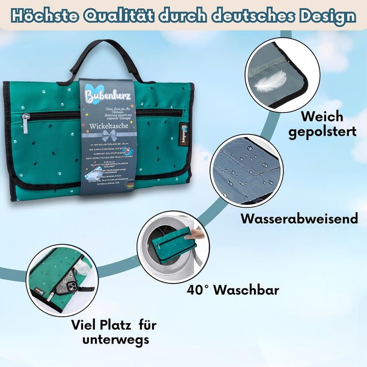 BUBENHERZ Windeltasche Für Baby & Kleinkind mit XL Wickelunterlage für unterwegs - Anti-Rutsch-Feuch