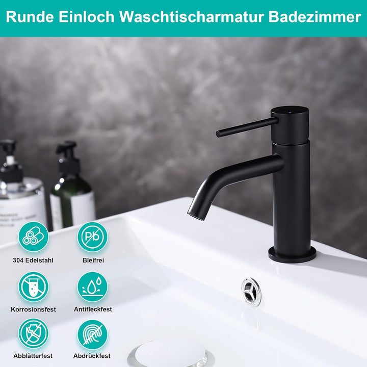 Wasserhahn Schwarz Matt Bad, Anti Ablösung Unterdruck Bleifrei Waschtischmischer mit Zulaufschlauch,