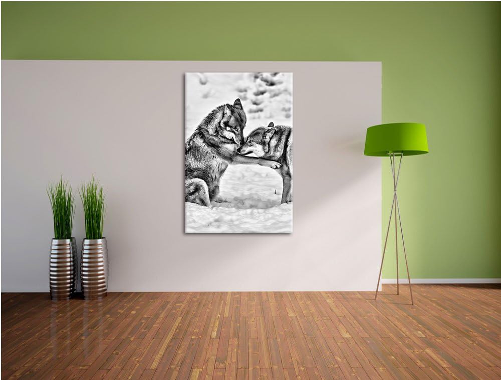 Pixxprint spielendes Wolfsrudel als Leinwandbild/Grösse: 100x70 / Wandbild/Kunstdruck/fertig bespann