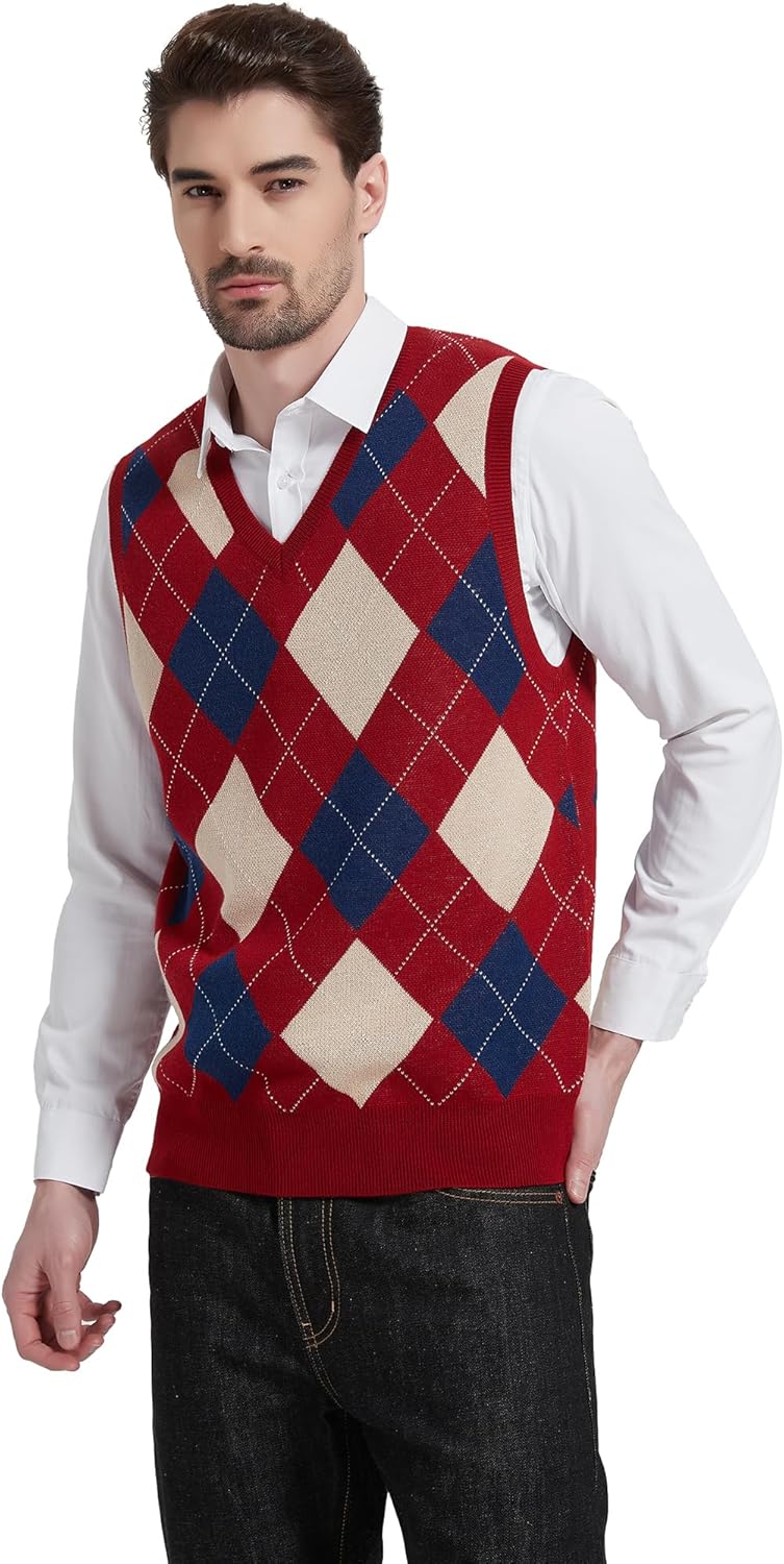 Kallspin Herren Argyle Gestrickt Ärmellos Pullover Wollmischung V-Ausschnitt Strickwesten XXL Burgun