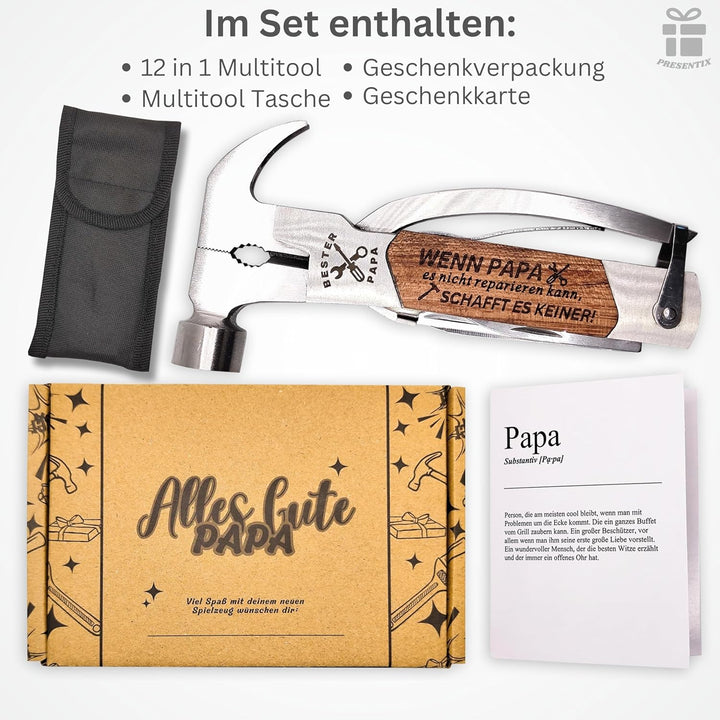 Multitool für Papa – Papa Geschenk mit Gravur – Hochwertiges Edelstahl Werkzeug mit Hammer, Messer,