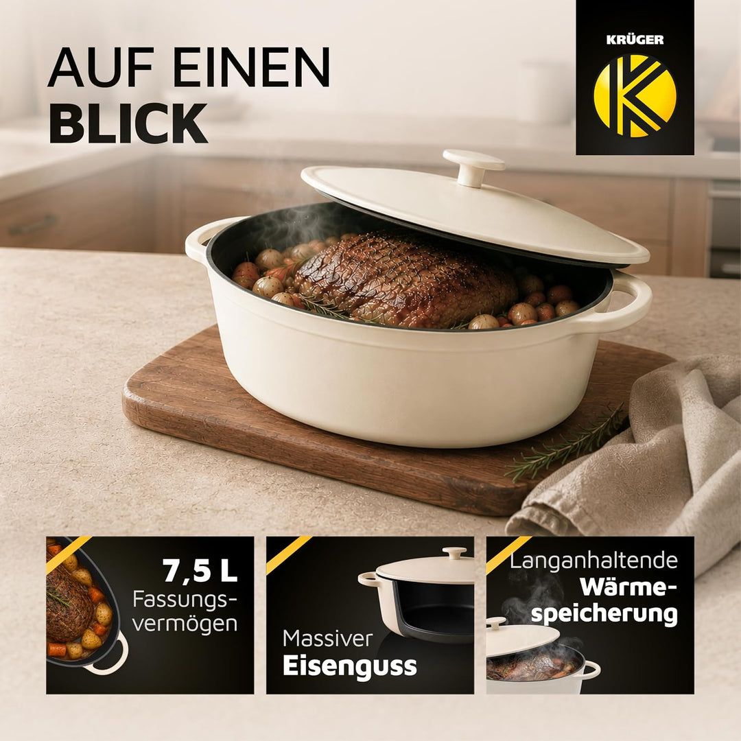 Karl Krüger Eisenguss Bratentopf oval Savanna, creme/schwarz, 34 cm, Creme