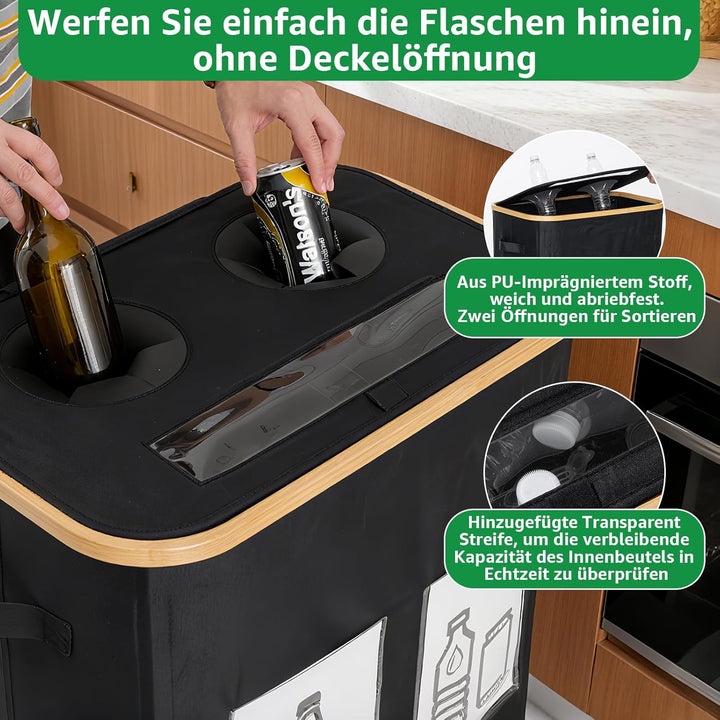 GARPROVM 160L Pfandflaschen Sammelbehälter, 2 Fächer Flaschensammler mit Doppel Silikonloch Sichtfen