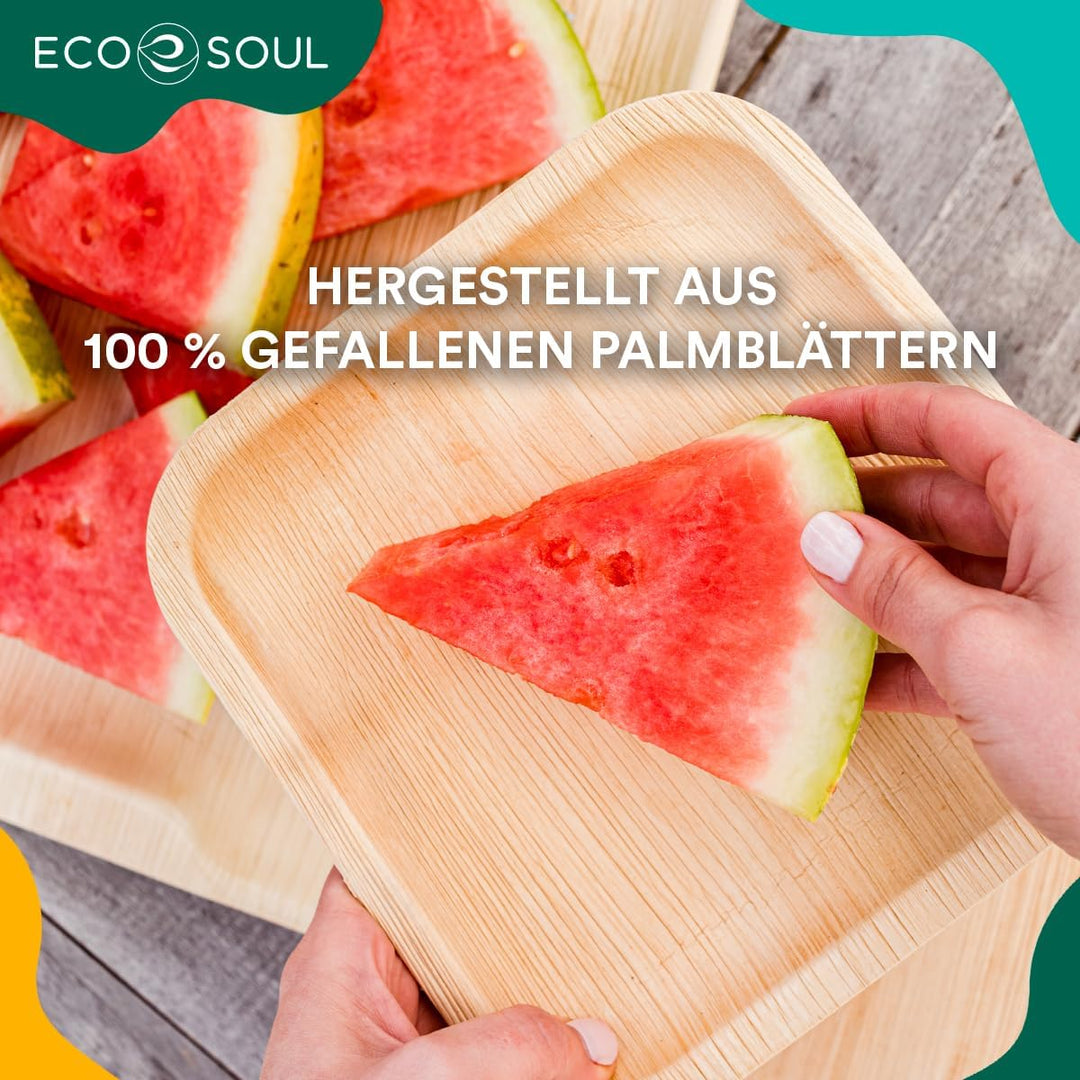 ECO SOUL 100% kompostierbare 20 cm, quadratische Palmblatt Teller [50 Stück] |Premium Palmblatt Gesc
