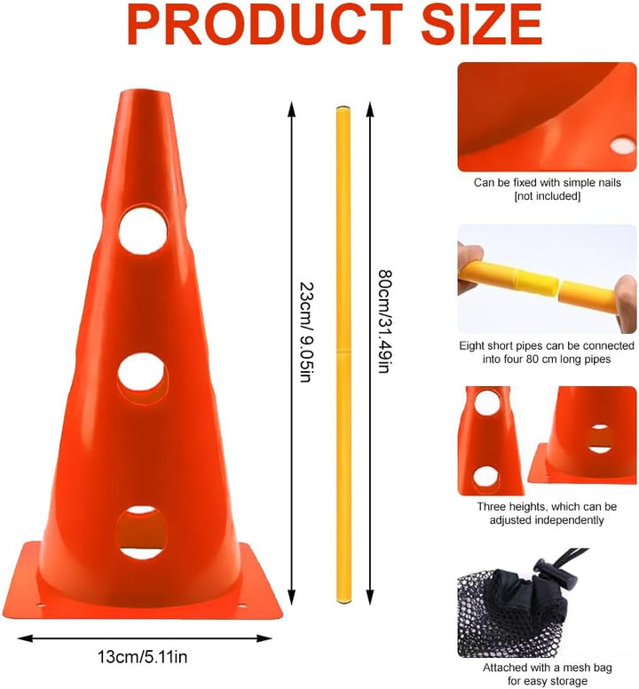Agility Set Hunde Kinder, Sports Steckhürdenset 8 Kegel 23cm + 4 Stangen 80cm, Agility Koordinations