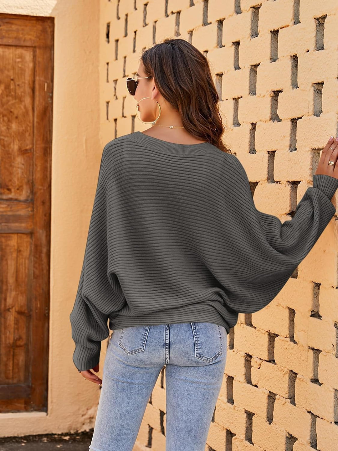 Fessceruna Damen Pullover Oversize Fledermausärmel Strickpullover Winter Rundhals Pulli Geripptes Sw