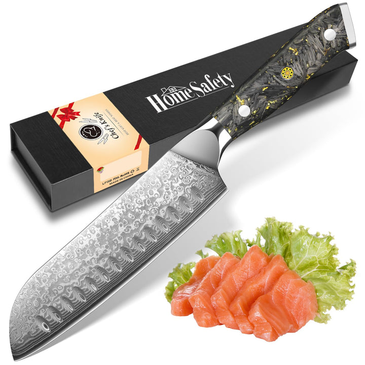 Home Safety Santoku Messer Damast - Damastmesser Profi Kochmesser I extra Scharfes 17.8cm Klinge aus