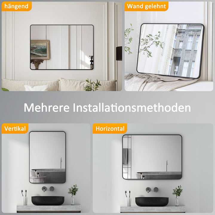 Spiegel Schwarz gross Wandspiegel 50x70cm Rechteckiger Metallrahmen Badspiegel Badezimmer Abgerundet