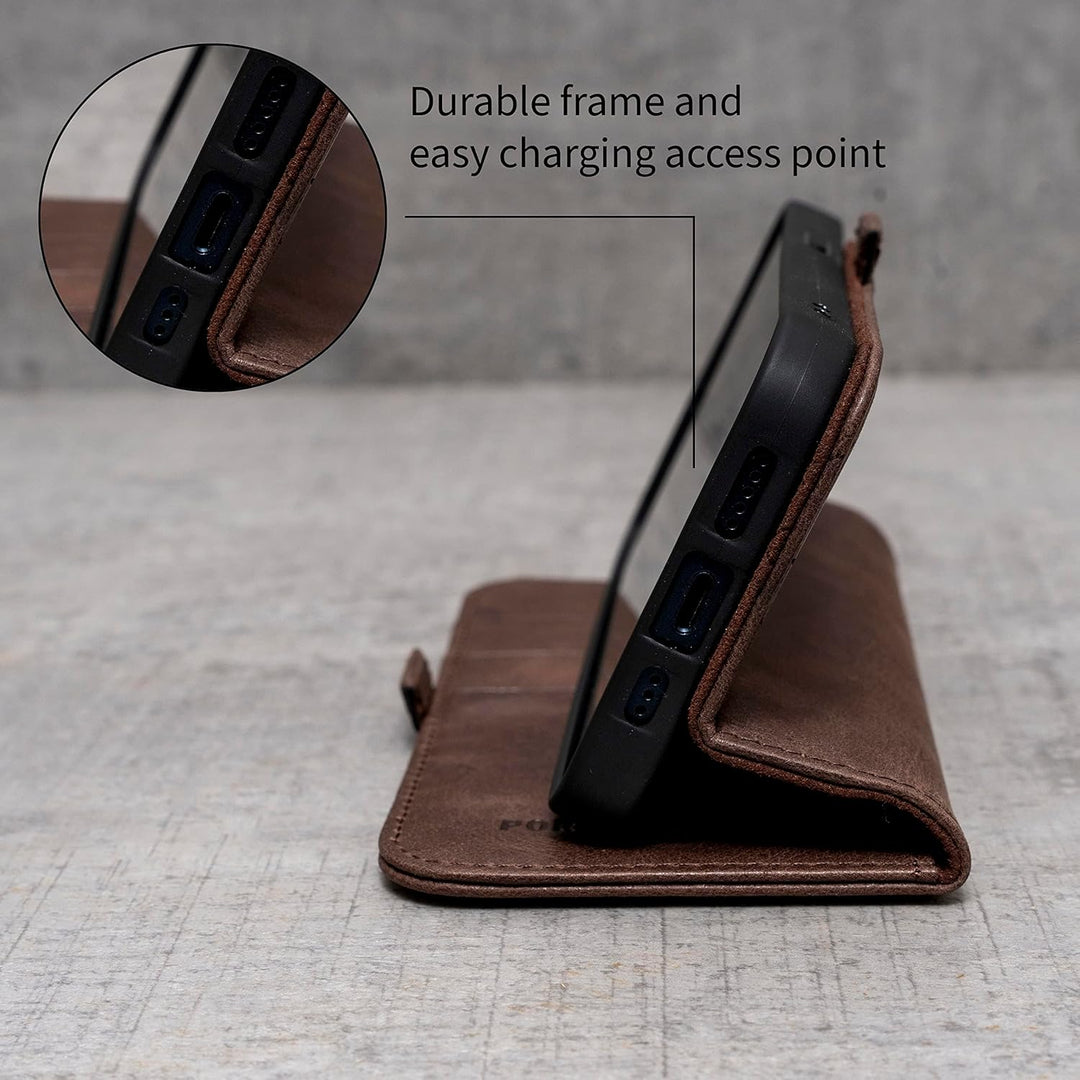 Porter Riley - Lederhülle für iPhone 13 Mini (5.4"). Premium Echtleder Standhülle/Ledertasche/Brieft