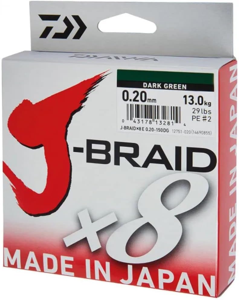 Daiwa 2 STK J-Braid 8 Braid 0.13mm, 8,0kg/18lbs, 300m dunkelgrün (Doppelpack)