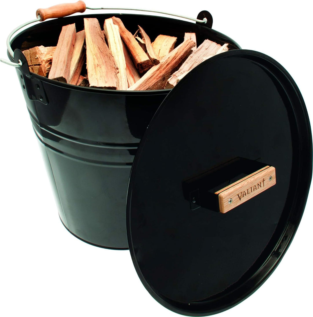 Valiant Kindling & Ash Metalleimer mit Deckel, 30 cm Durchmesser, Schwarz