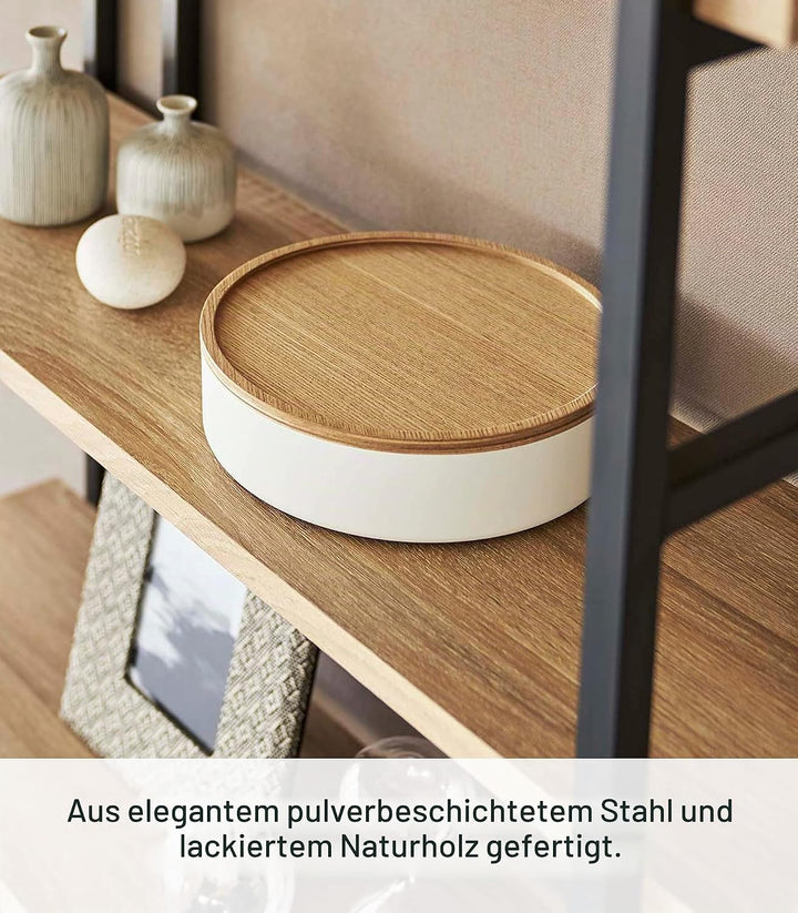 Yamazaki 5801 RIN Aufbewahrungsbehälter mit Deckel, rund, weiss, Stahl/Holz, Minimalistisches Design