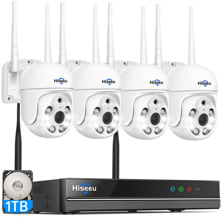 Hiseeu [5MP+1TB] WLAN Überwachungskamera Set Aussen mit 10CH Wireless NVR,4x5MP PTZ Kabellose Kamera