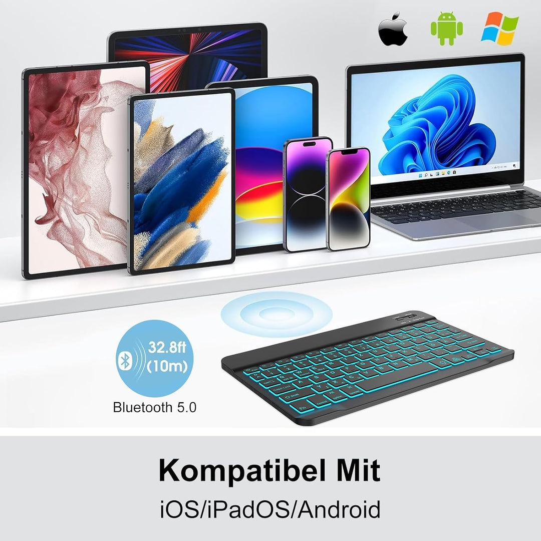 Bluetooth Tastatur Deutsches Layout für 10+ Zoll Tablets, Mit 7-Farben Hintergrundbeleuchtung, Ohne