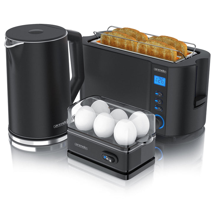 Arendo - Wasserkocher mit Toaster und Eierkocher SET Edelstahl Schwarz Wasserkocher 1,5L 40° - 100°C