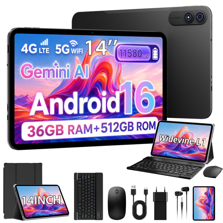 2026 14-Zoll-Tablet mit Android 16, 36GB RAM+512GB ROM (TF 1TB), Octa-Core, 4G LTE/5G WLAN, 2000 × 1