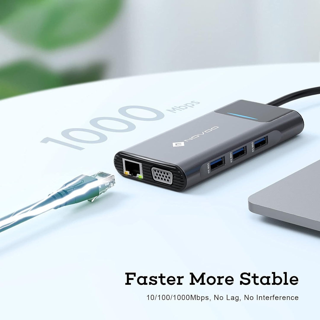 NOVOO 9-in-1 USB C HUB Adapter USB C mit RJ45 Gigabit Ethernet, 4K HDMI, VGA, 100W PD, SD/TF-Kartenl