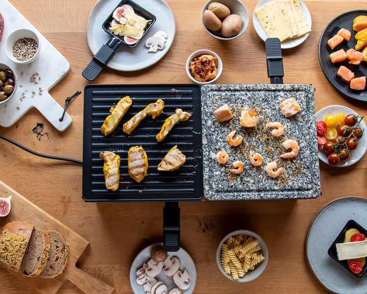 ROMMELSBACHER Raclette Grill RCS 1350 – 2 Wendegrillplatten, 1 Steingrillplatte, 8 Pfännchen, 8 Scha