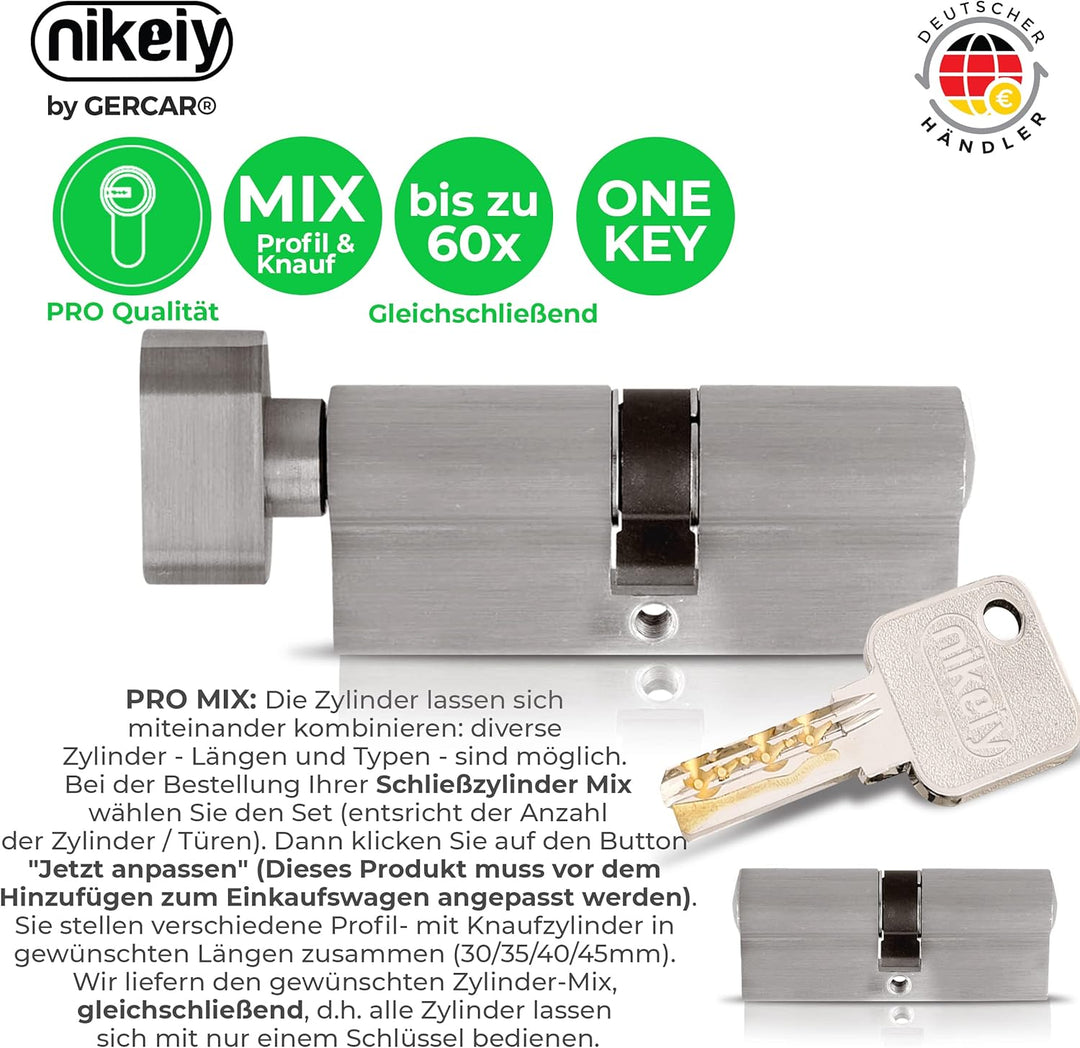 GERCAR Pro Schliessanlage DIY MIX Knaufzylinder 35/35 Schliesszylinder gleichschliessend nach wunsch