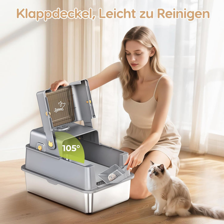 Edelstahl-Katzentoilette mit Deckel, XXL Katzenklo Edelstahl mit 105° -Klappe und Schaufel, 3-in-1 K