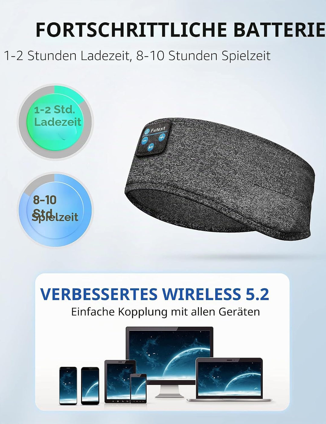 Voerou Schlafkopfhörer, Bluetooth-Kopfband, Schlafkopfhörer mit ultradünnen Lautsprechern für Seiten