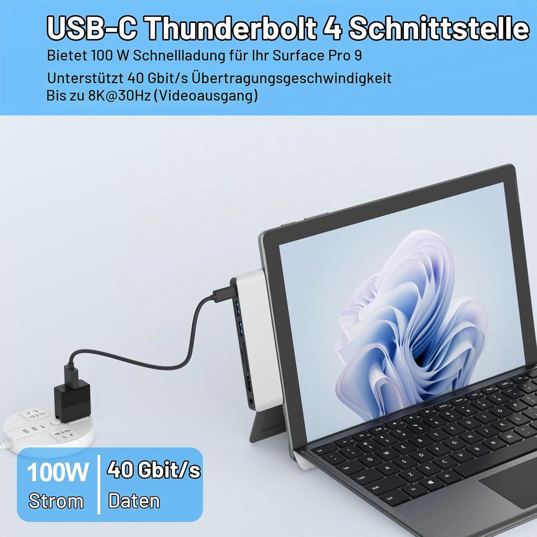 Surface Pro 9 Dockingstation mit 4K HDMI, USB C Thunerbolt 4 (Display+Daten+PD), USB 3.0 * 2, SD/TF