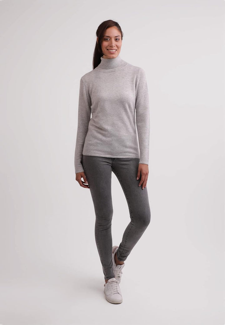CASH-MERE.CH 100% Kaschmir Damen Pullover | Sweater Rollkragen 2-fädig, Hellgrau