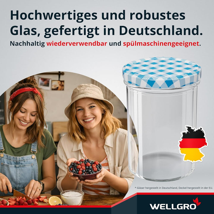WELLGRO 25x Einmachgläser mit Schraubdeckel - 435 ml, 8,5 x 12 cm (ØxH), Glas/Metall, blau karierte