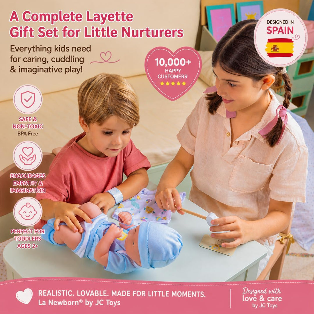 JC TOYS - La Newborn Neugeborene, 38 cm, weiches Vinyl, inkl. Kleidung und 8 Accessoires, Blau, entw