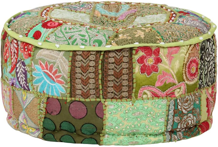 Patchwork-Fusshocker mit Exquisiten Stickereien Besetzt, Handgefertigt Patchwork Rund Puffhocker Fus