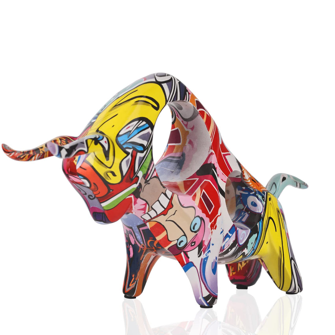 Graffiti-Bullen-Statue aus Kunstharz, Vollfarbige Stierfigur, Originalität, abstrakte Stier-Skulptur