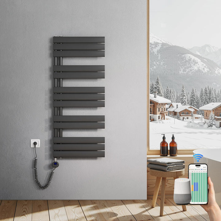 Heilmetz Badheizkörper Elektrisch 1176 x 500mm Anthrazit mit WIFI Smart Heizstab 600W, Flach Handtuc