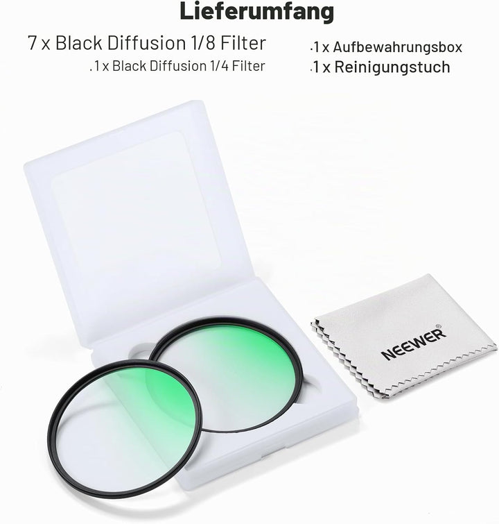 NEEWER 52mm 1/4 &amp; 1/8 Black Diffusion Filter für einen filmischen Nebeleffekt, 2er Set mehrfach besc