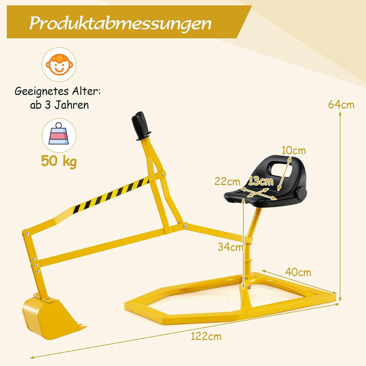 COSTWAY Sitzbagger 360° drehbar, Bagger zum Draufsitzen Metall, Bagger Sandkasten mit Schaufel &amp; 2-H