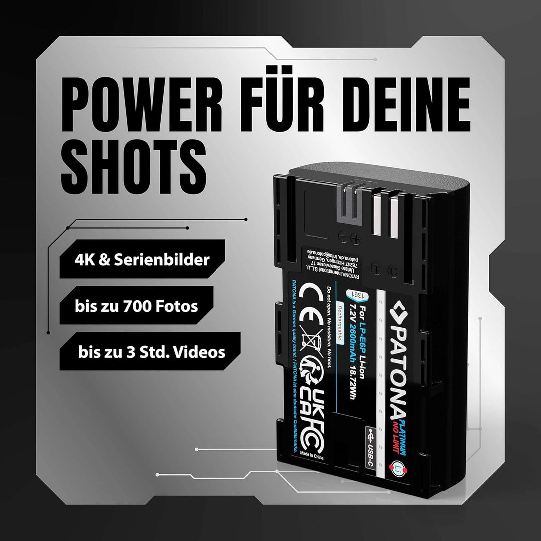PATONA 2X Platinum Akku LP-E6P LP-E6NH 2600mAh USB-C Eingang Ersatzakku kompatibel mit Canon EOS R7