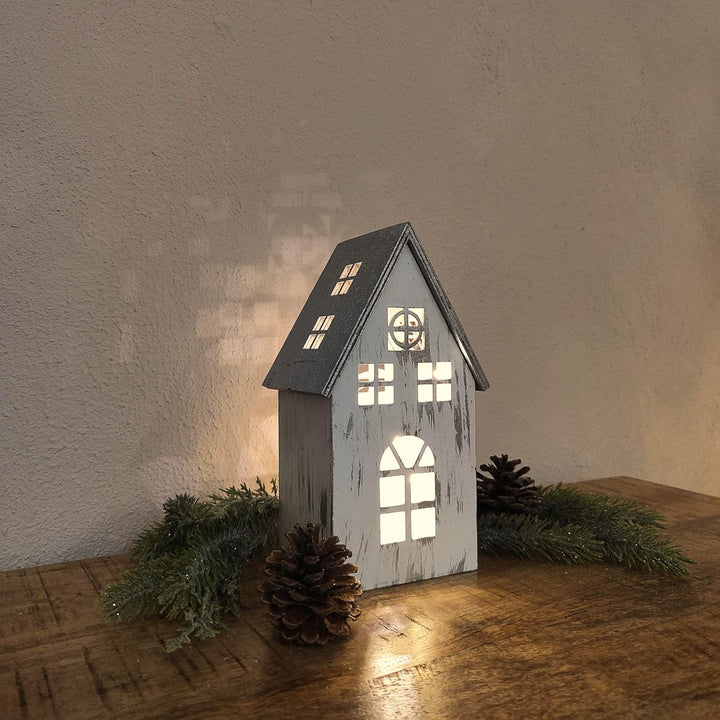 DARO DEKO Holz LED Haus weiss Silber 12 x 21cm, 12 x 21cm