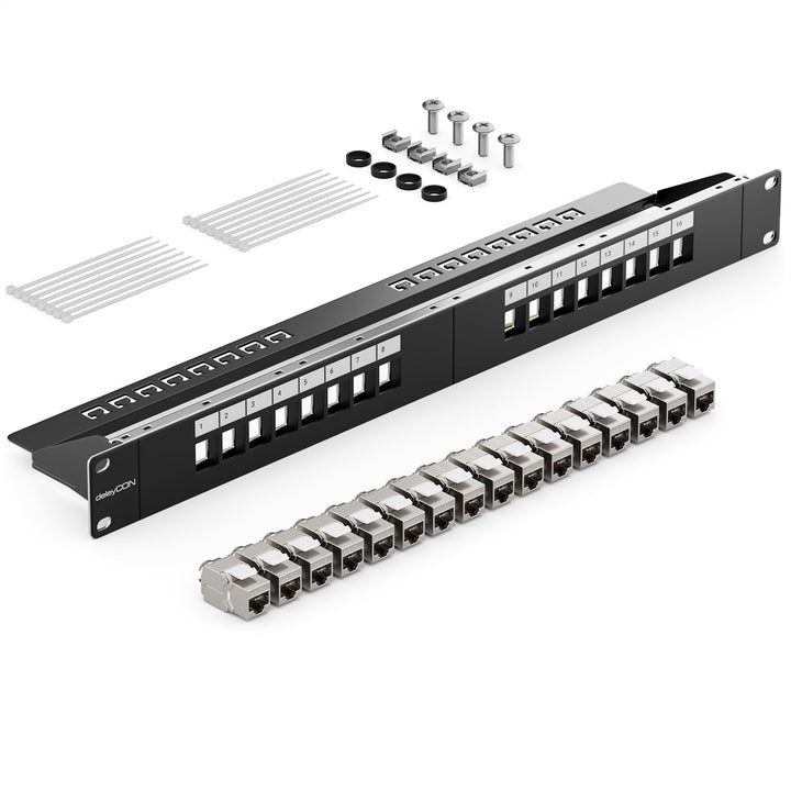 deleyCON 16 Port CAT7 Patchpanel SET Patchfeld Verteilerfeld Modular 1 HE 19" Zoll Rackeinbau + 16x