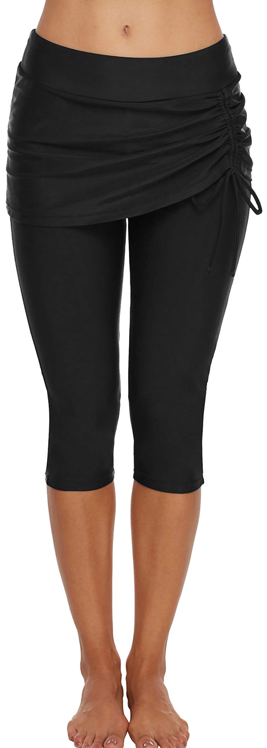 Ecupper Badehose Damen Lang Schwimmhose Capri Badeleggings Mit Rock Schwimm L Schwarz, L Schwarz