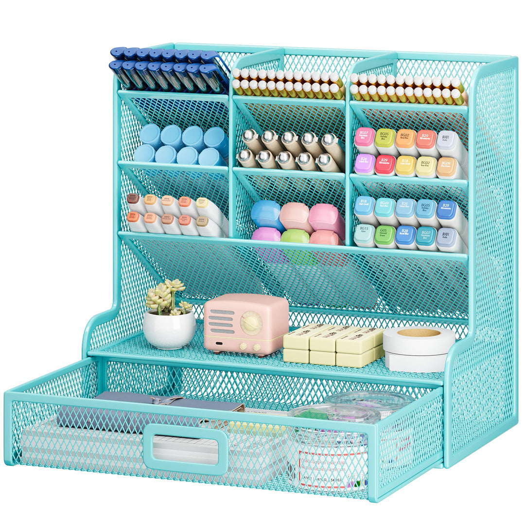 VITVITI Schreibtisch Organizer, 9 Fächer Stiftehalter mit Schublade, Netz Stifte Regal aus Metall, S