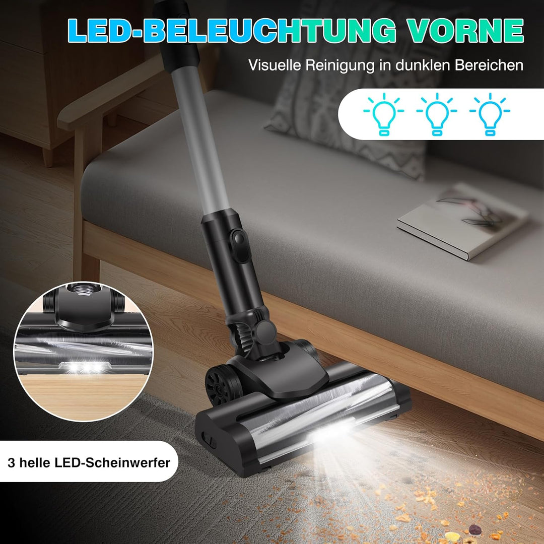 Huini Akku Staubsauger, Kabellos Akkustaubsauger mit LED Licht, Kabelloser Staubsauger mit Aufgerüst