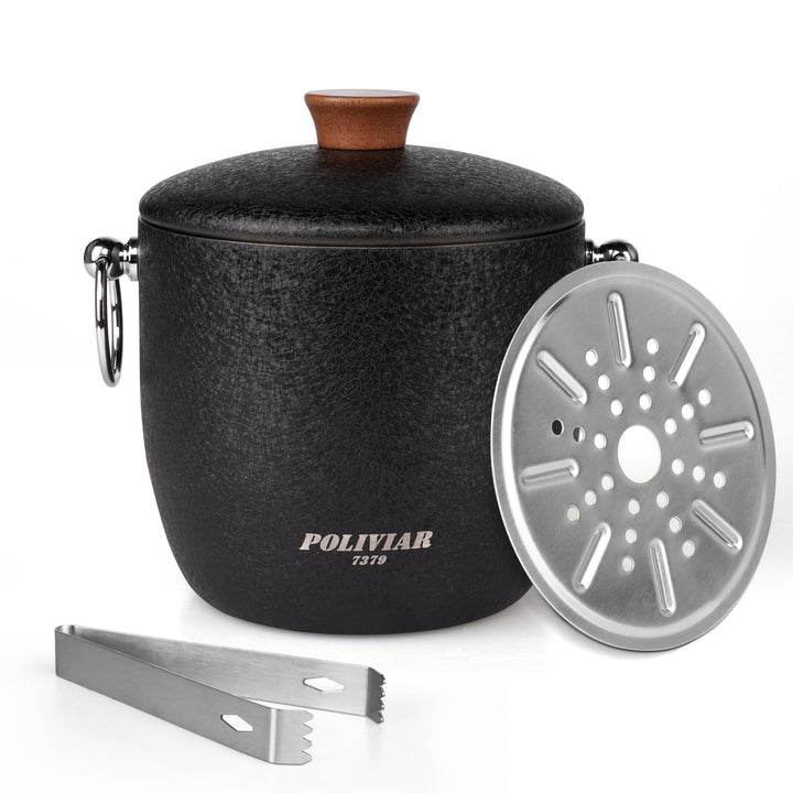 Poliviar Edelstahl Eiswürfelbehälter mit Deckel u. Zange- 2,5 Liter Doppelwandiger Eisbehälter- Eise