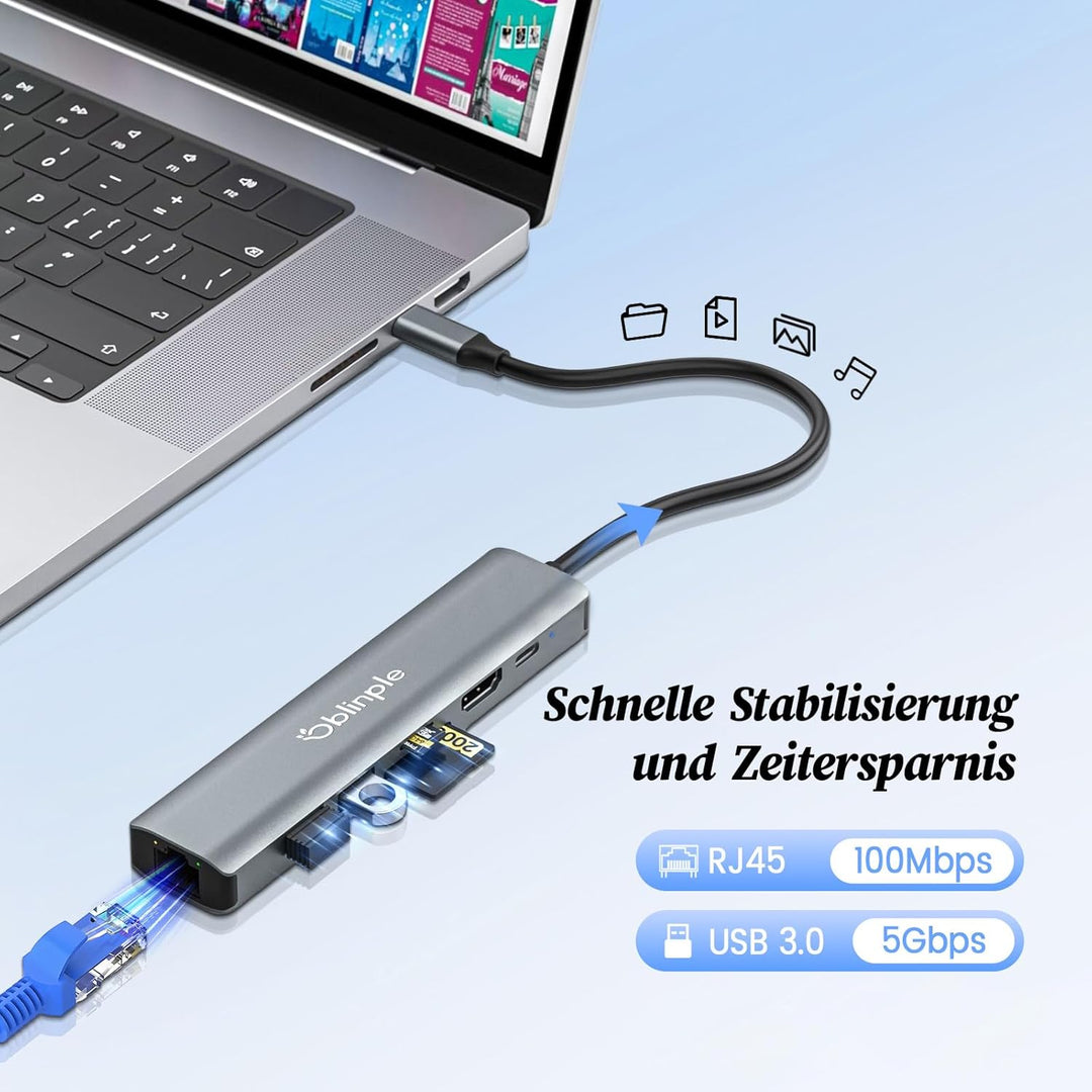7 in 1 USB C Hub, Multiport Ethernet Adapter mit 4K HDMI, PD 100W, LAN RJ45, USB 3.0 5Gbps, USB 2.0