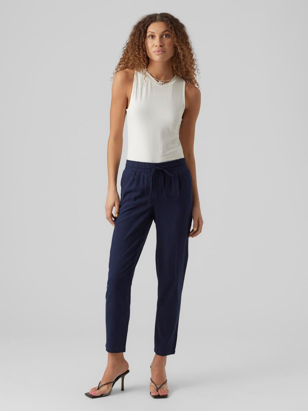 VERO MODA Damen Legere Leinen Stoffhose Casual Schlupfhose Lockere Ankle Pants S Blau-2, S Blau-2