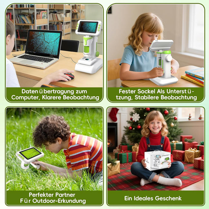 Mikroskop für Kinder, Digitales Mikroskop mit 4 Zoll LCD-Display und 1600X Grosse Vergrösserung, Mic