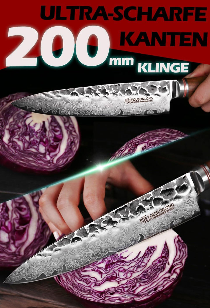 YOUSUNLONG Kochmesser - Japanisch gehämmerte Damaststahlklinge 203mm - Hochwertiges Profi Kochmesser