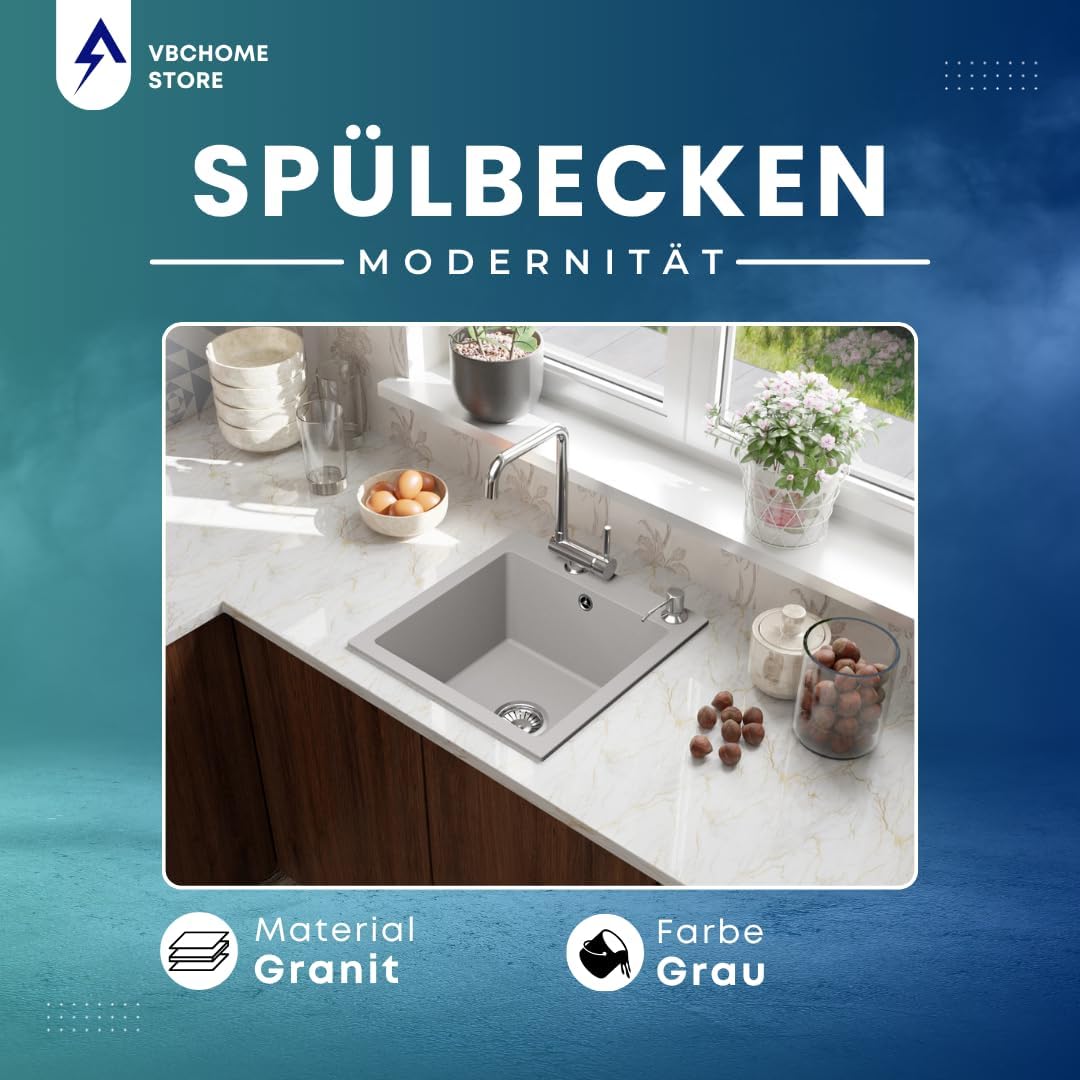 VBChome Granitspüle 50 x 48 cm Grau mit Armatur Einzelbecken Einbauspüle Gesprenkelt Pflegeleichtes